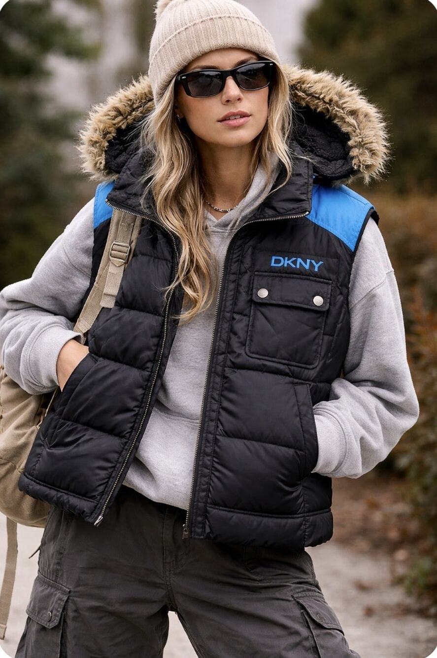 Vtg Y2K DKNY UNISEX Sz M Down Filled Rmvble Hood Gorpcore Pkts Zip Vest